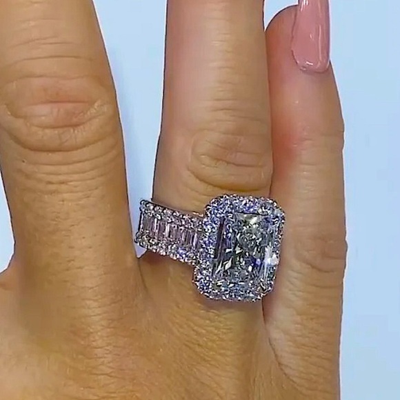 Sterling Silver Diamond Square Cut 2.50CT Baguette Accent Ring - Picture 9 of 11